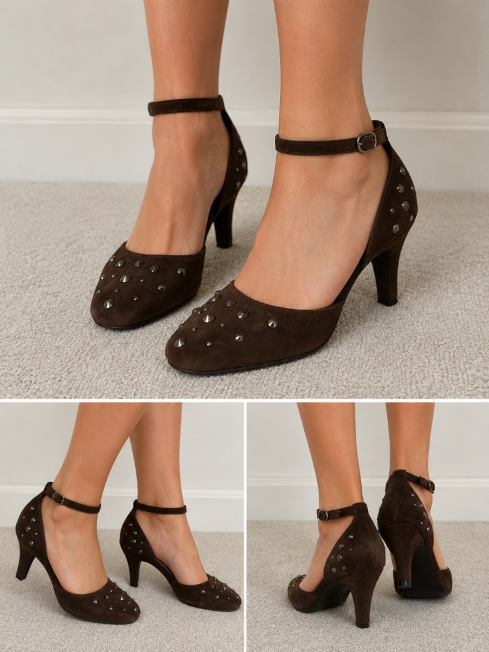 Gianni Bini Brown Studded Suede Ankle Strap Heels